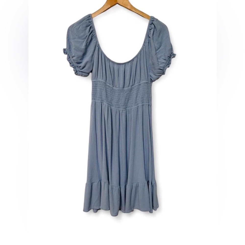 Light Blue Vintage Wash Chambray Smocked Peasant Cottagecore Midi Dress Size S/M